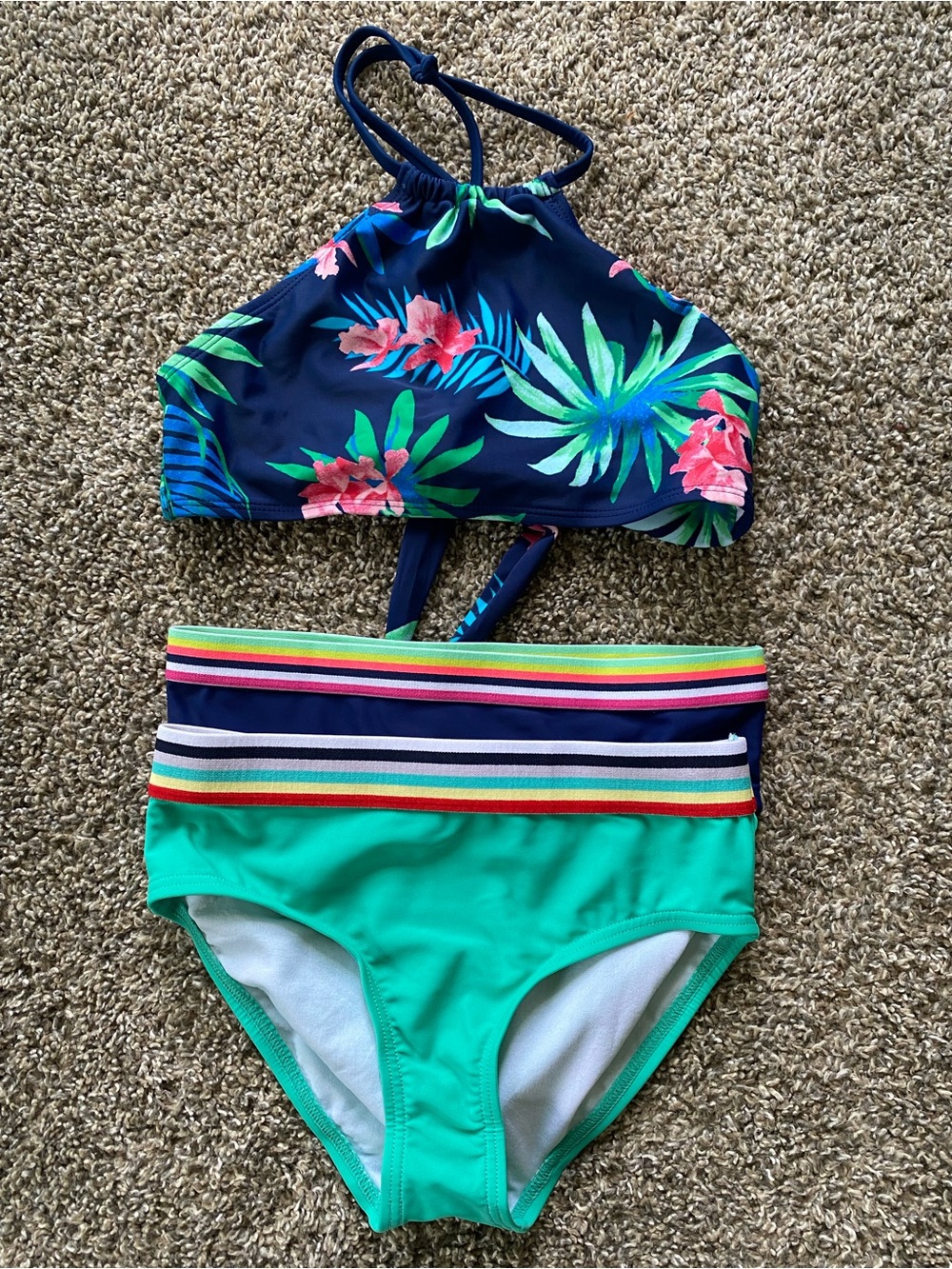 Kanu Surf Girls' Navy Floral High-Neck Bikini Top & Teal Bottoms